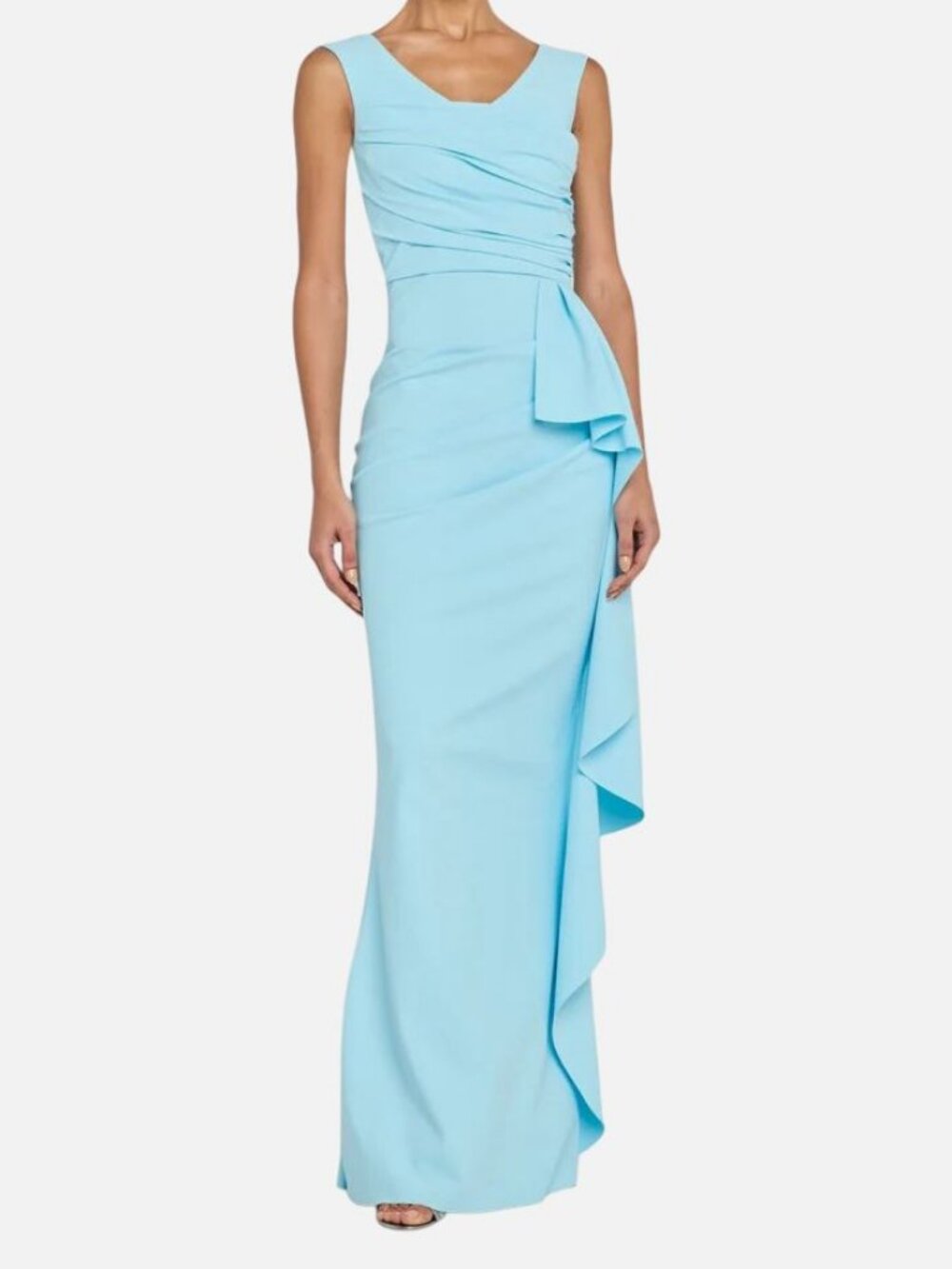 Chiara Boni Women's Blue Ruched Side-Drape Scoop Neck Sozen Long Dress Size 54